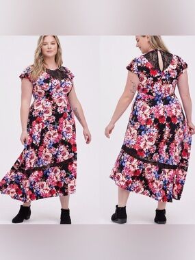 Torrid Black Lace Floral Studio Knit Skater Midi Dress, Size 3X